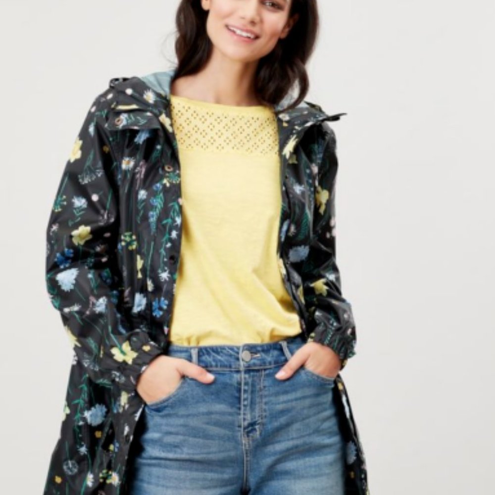 Joules Golightly Printed Waterproof Packaway Raincoat Jacket Hooded Black